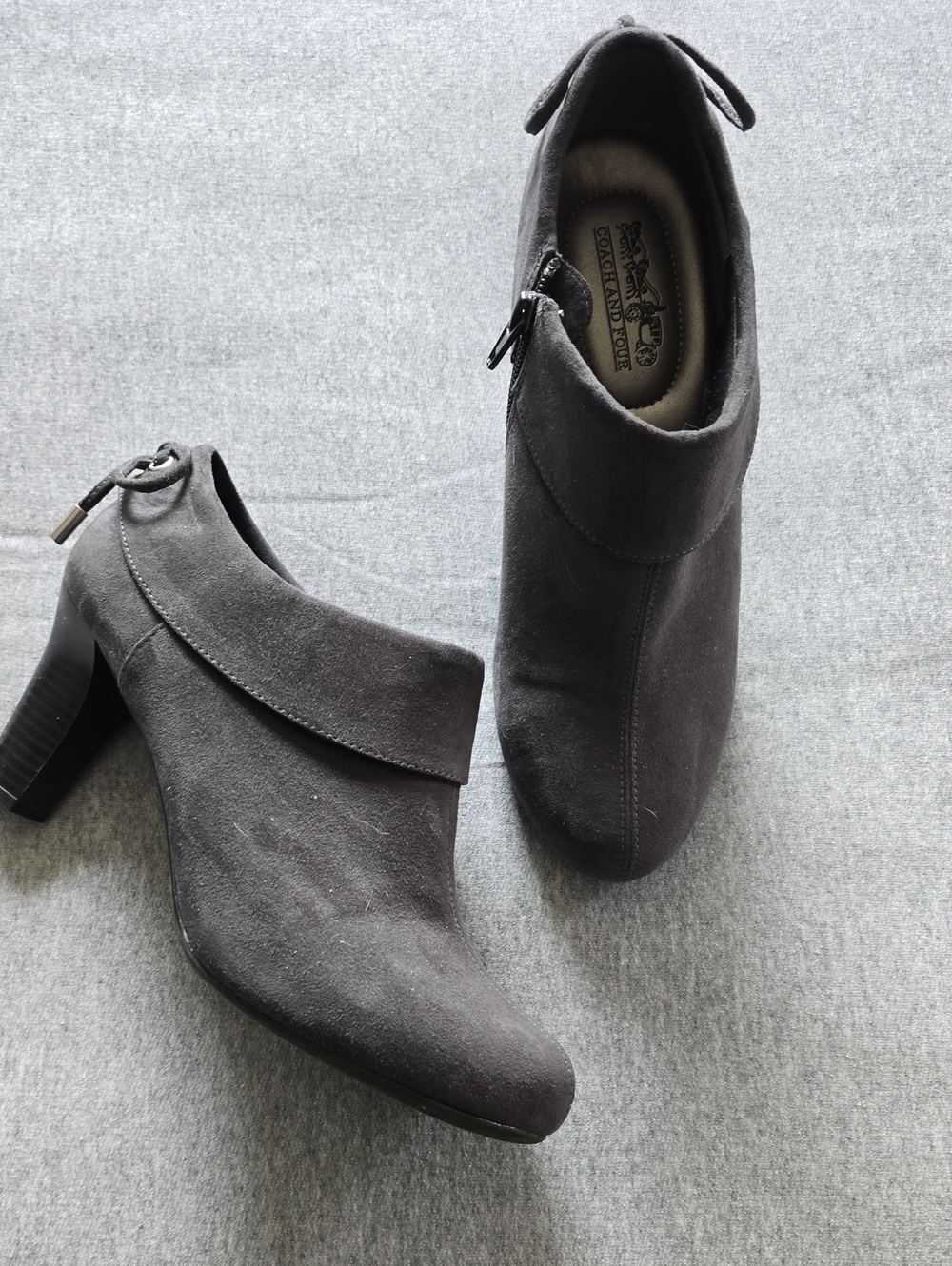 Caoch and Four Gray Suede Fold-Over Ankle Heeled Boot
